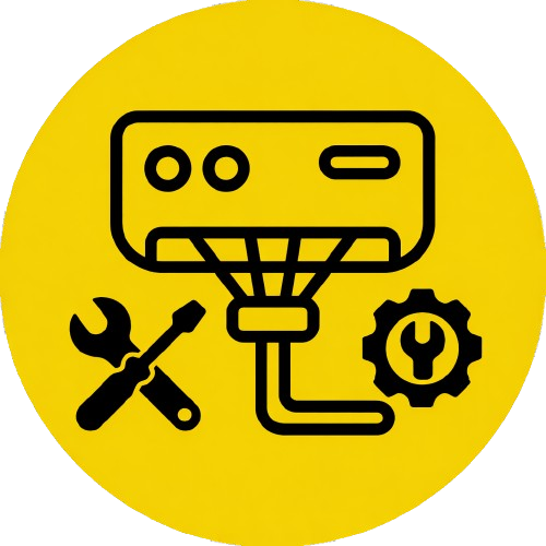 Icon depicting a black air conditioning unit on a yellow circle. Includes a wrench and gear, symbolizing repair or maintenance services.