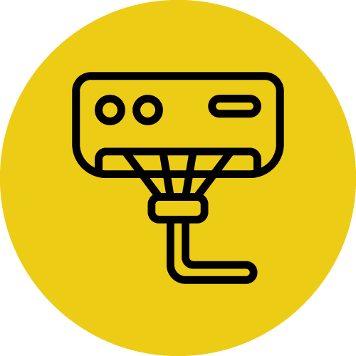 Yellow circle with a black line drawing of a futuristic gaming controller with buttons and a handle, conveying a modern and tech-savvy feel.