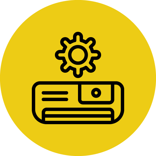 Icon depicting a black air conditioner and a cogwheel on a yellow circle, symbolizing settings or repair. Bold lines convey a sense of clarity and simplicity.
