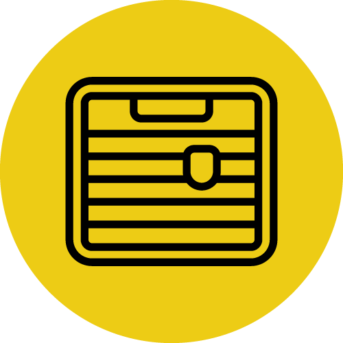 A black outline of a treasure chest is centered on a bright yellow circle. The image is simple and bold, conveying a sense of adventure and discovery.