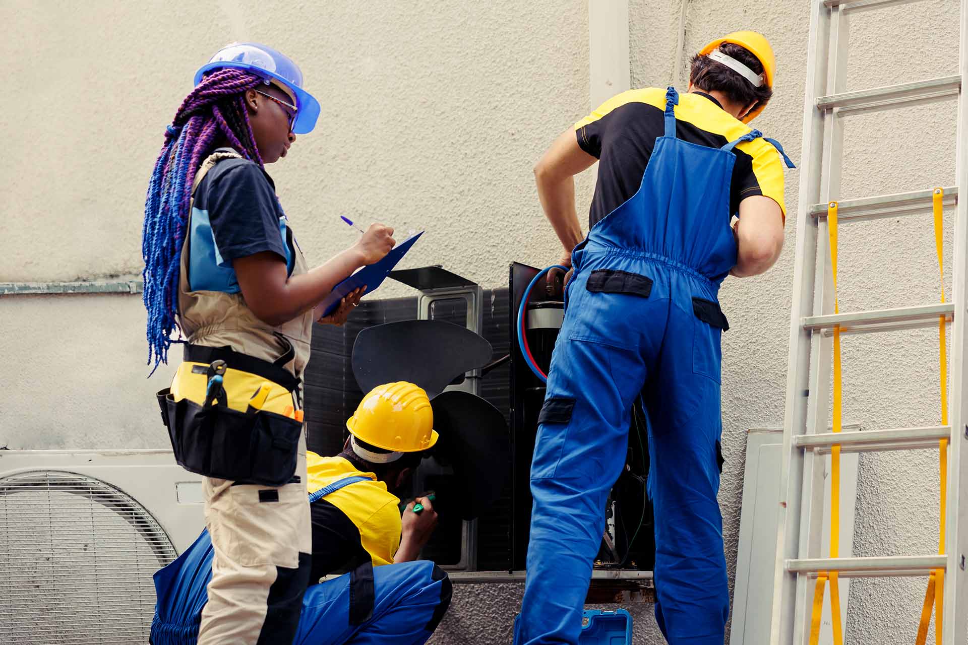 Three workers in overalls and helmets repairing an outdoor air conditioning unit. One checks a clipboard, while the others focus on the equipment. A ladder is nearby.