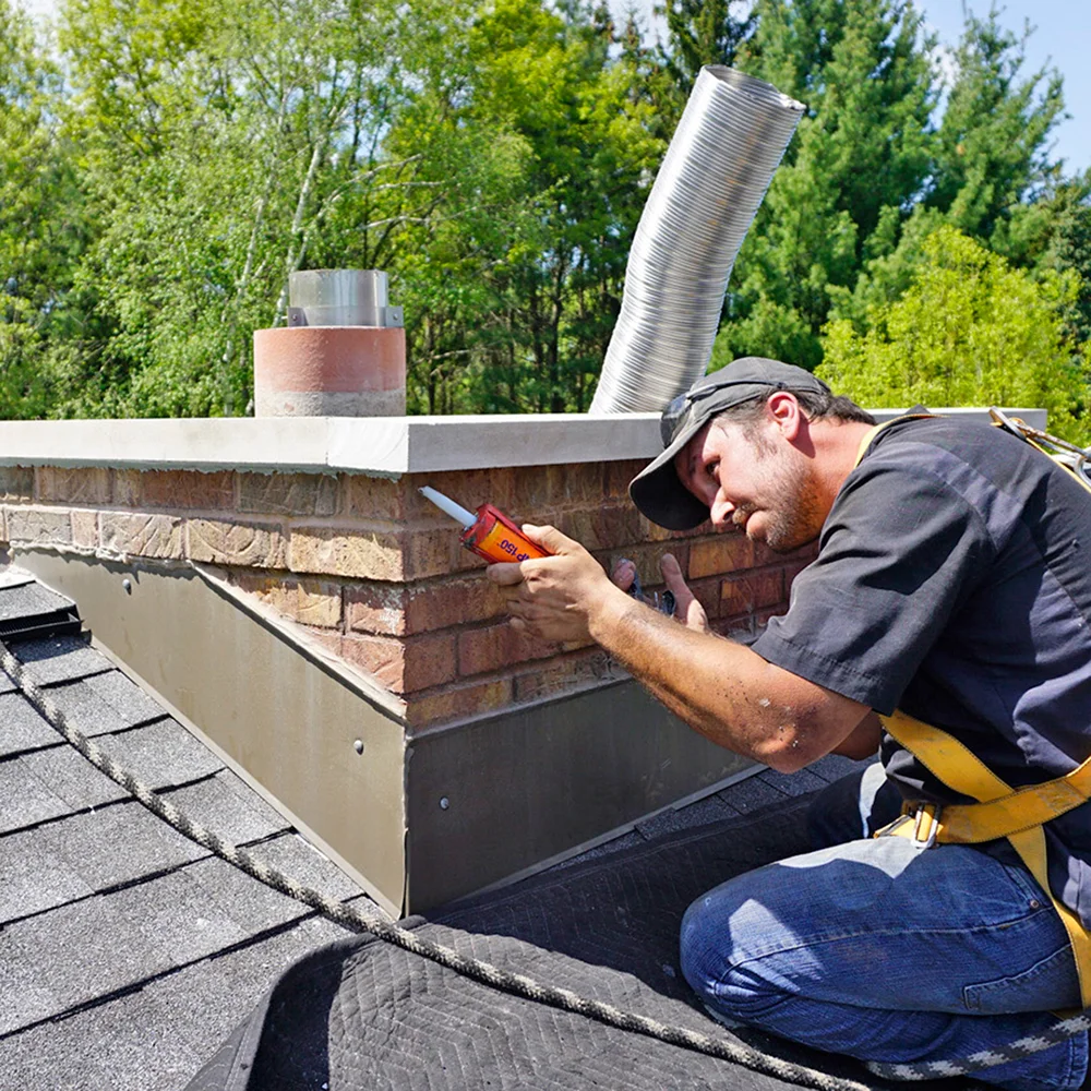 A worker applying sealant with a caulk gun to the flashing of a brick chimney on a shingled roof.
