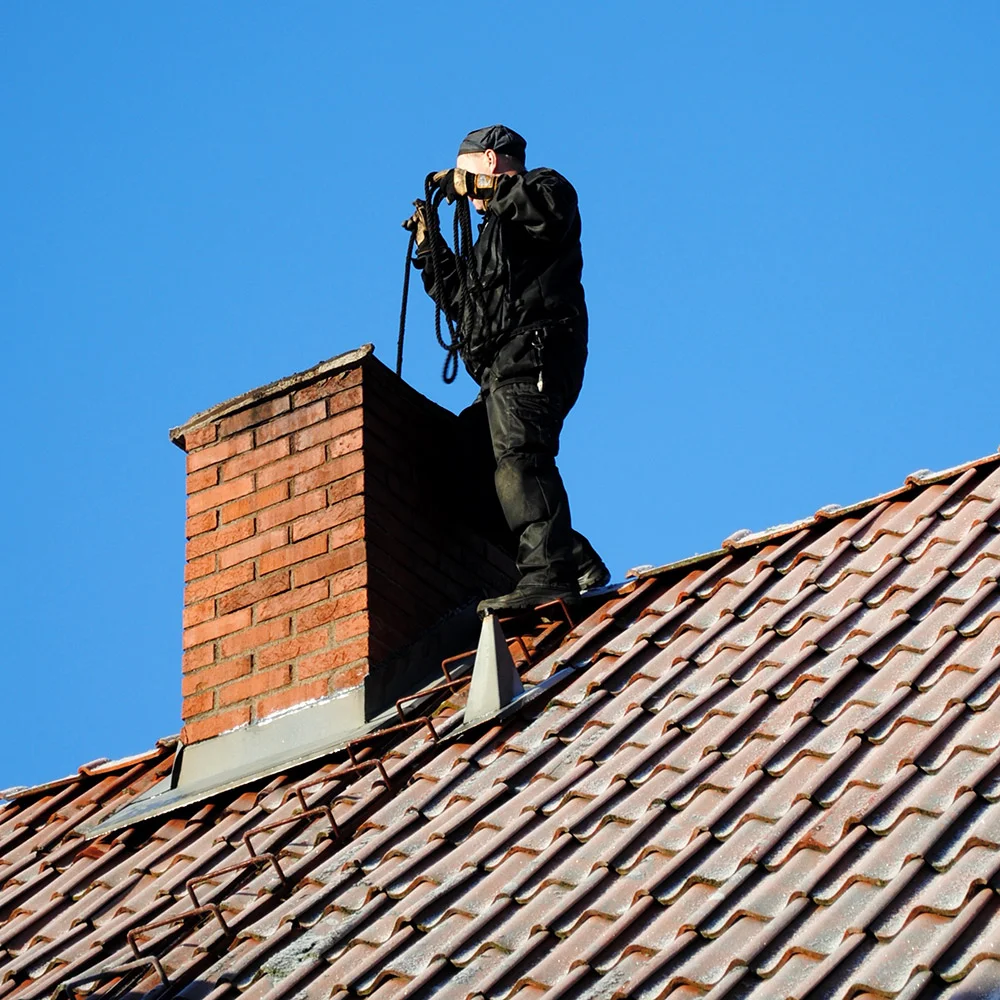 A chimney sweep holding a cleaning rope and brush on a tiled roof next to a brick chimney against a clear blue sky.